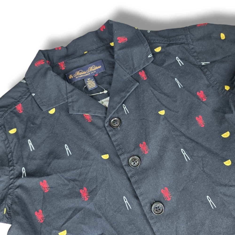 Brooks Brothers Lobster Print Button Up Shirt Boys 8 Black Coastal Maine Preppy